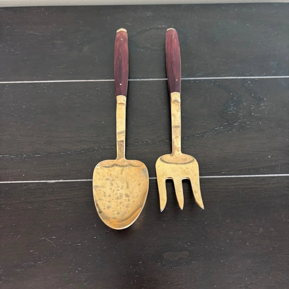 Vintage Brass‎ and Rosewood Salad Serving Set | Spoon and Fork | MCM